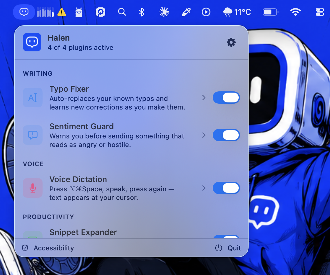 Halen menubar dropdown showing Typo Fixer, Sentiment Guard, Voice Dictation and Snippet Expander toggled on, with the Halen mascot in the background.